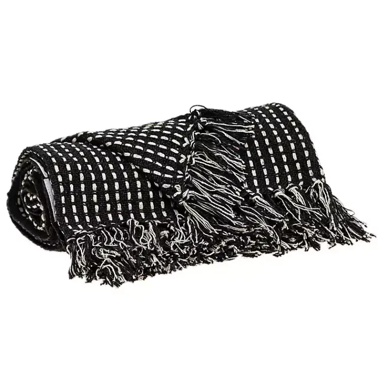 Clearance Black Woven Pattern Wool Tassel Throw Blankets & Throws
