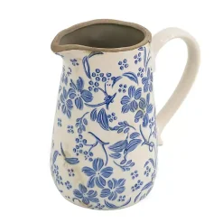 Outlet Blue and Ivory Floral Ceramic Pitcher Vase Vases