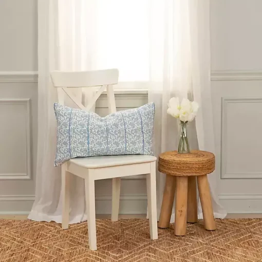 Clearance Blue and Ivory Floral Print Lumbar Pillow Pillows