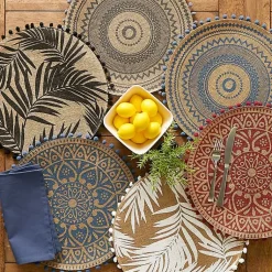 Kirklands Home Table Linens|Blue and Natural Print Round Placemats, Set of 6