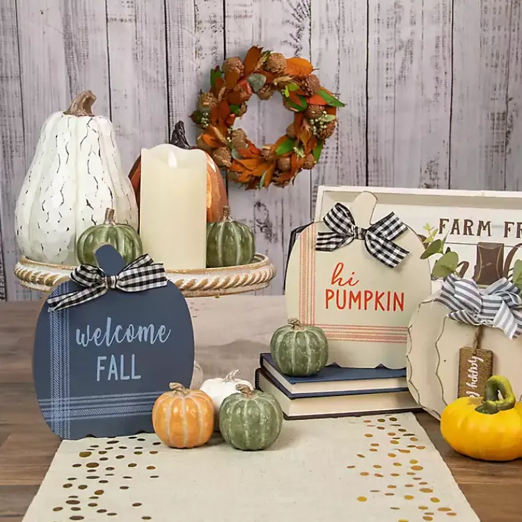 Outlet Blue and White Pumpkin Tabletop Signs, Set of 2 Fall