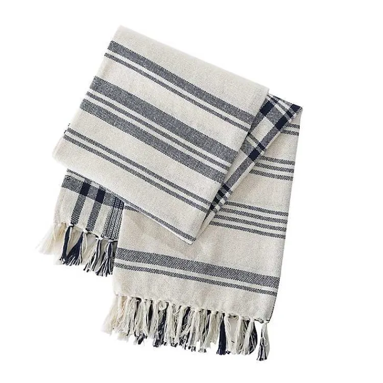 Clearance Blue and White Striped Tassel Throw Blankets & Throws