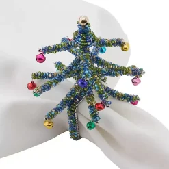 Kirklands Home Table Linens|Blue Beaded Christmas Tree Napkin Rings, Set of 4