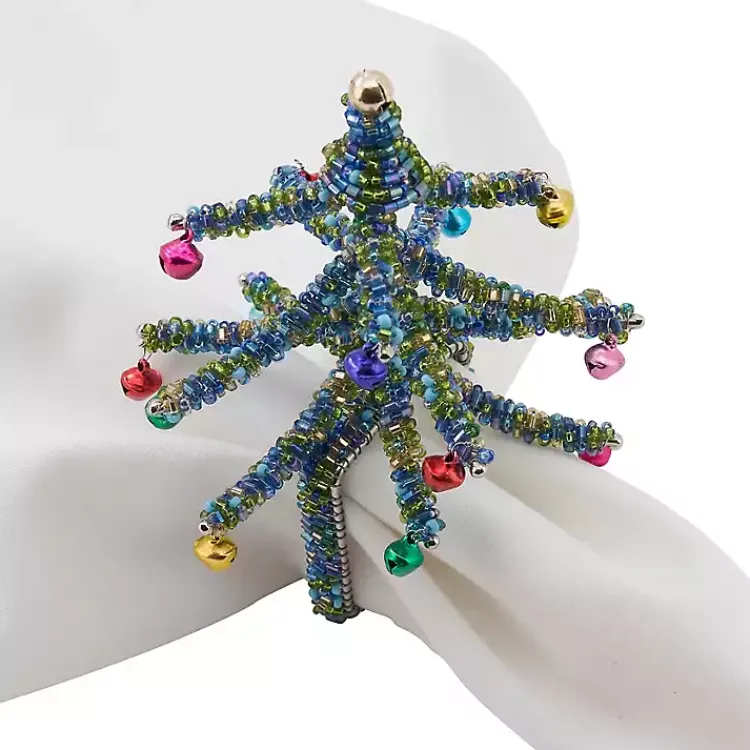 Kirklands Home Table Linens|Blue Beaded Christmas Tree Napkin Rings, Set of 4