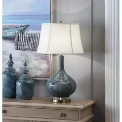 Kirklands Home Table Lamps|Blue Ceramic Stripe Base Table Lamp White