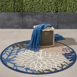 Kirklands Home Outdoor Rugs|Blue Floral Burst Round Outdoor Area Rug, 5x5
