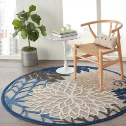 Kirklands Home Outdoor Rugs|Blue Floral Burst Round Outdoor Area Rug, 5x5