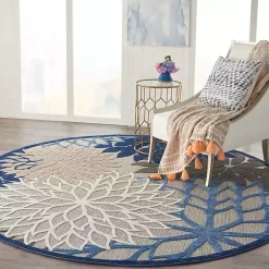 Kirklands Home Outdoor Rugs|Blue Floral Burst Round Outdoor Area Rug, 7x7
