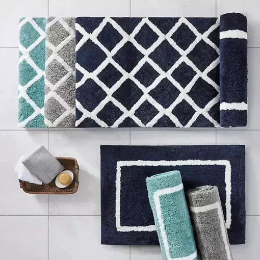 Kirklands Home Bathroom Rugs|Blue Geometric Pattern Reversible Bath Mat, 60 in.