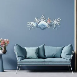 Kirklands Home Wall Plaques|Blue Metal Coral and Shell Wall Plaque