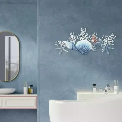 Kirklands Home Wall Plaques|Blue Metal Coral and Shell Wall Plaque