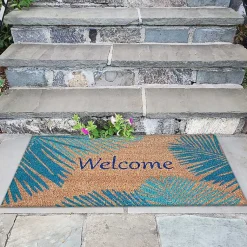Kirklands Home Doormats|Blue Palm Fronds Welcome Coir Doormat