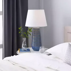 Kirklands Home Table Lamps|Blue Ribbed Stoneware Table Lamp White