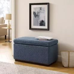 Kirklands Home Benches & Ottomans|Blue Sherpa & Walnut Rectangle Storage Ottoman