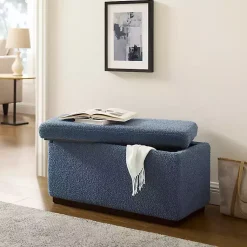 Kirklands Home Benches & Ottomans|Blue Sherpa & Walnut Rectangle Storage Ottoman