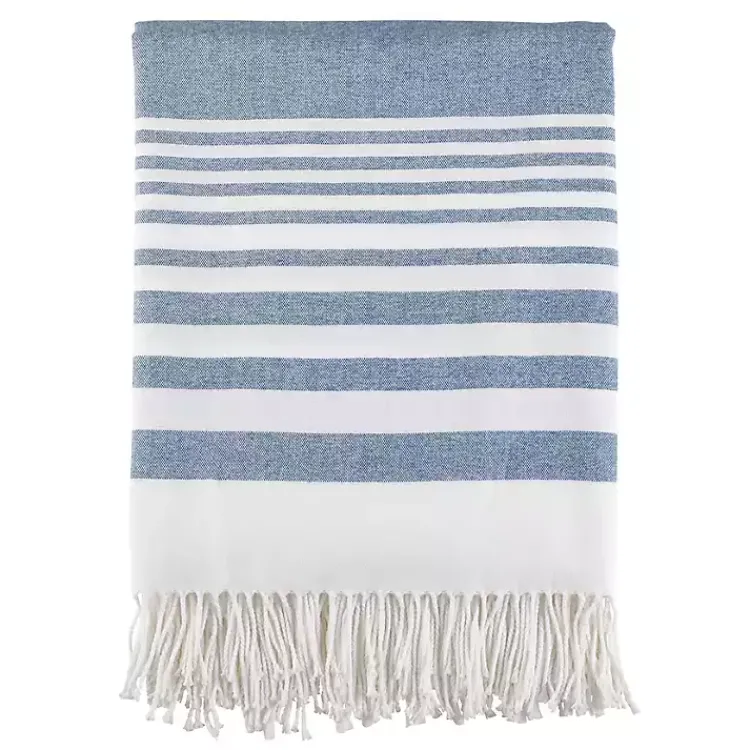 Discount White Stripe Throw Blanket with Fringe Blankets & Throws