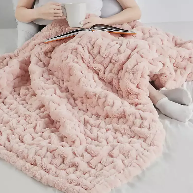 New Blush Ruched Faux Fur Throw Blankets & Throws