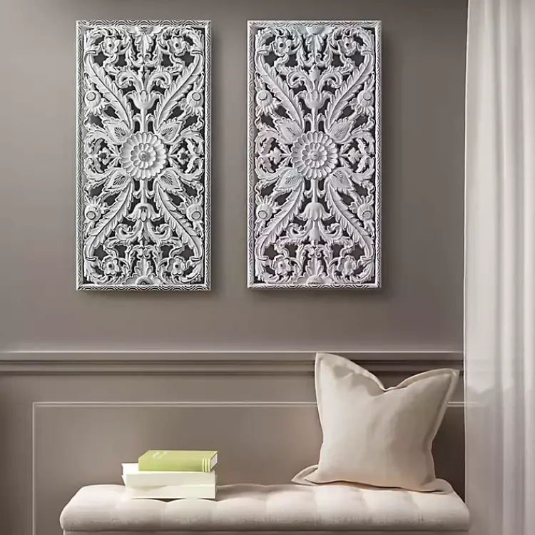 Kirklands Home Wall Plaques|Botanical Wood Carved Panel Wall Plaques, Set of 2 White