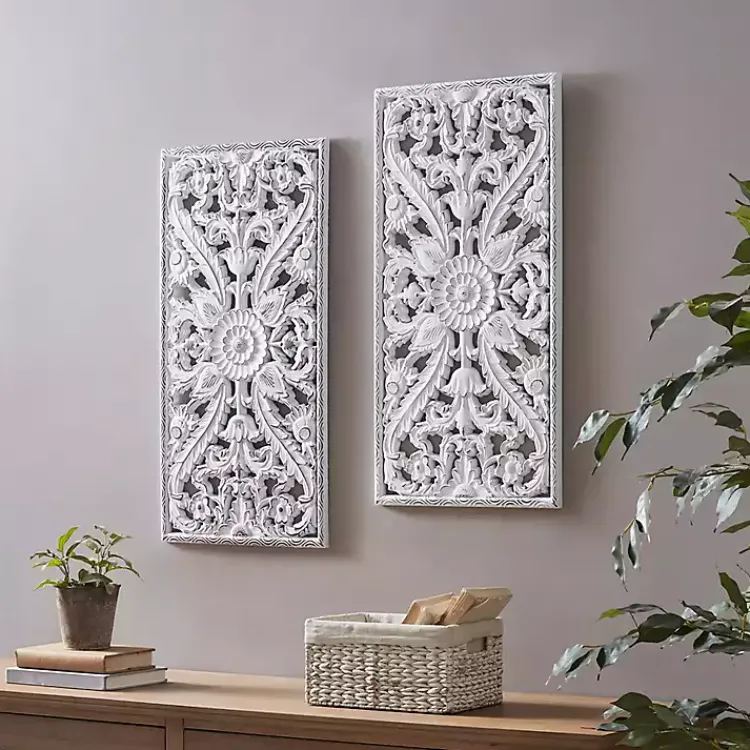 Kirklands Home Wall Plaques|Botanical Wood Carved Panel Wall Plaques, Set of 2 White