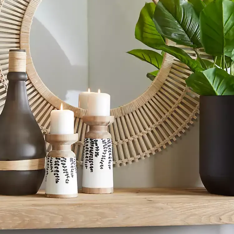 Outlet Botanical Wood Pillar Candle Holders, Set of 2 Candle Holders