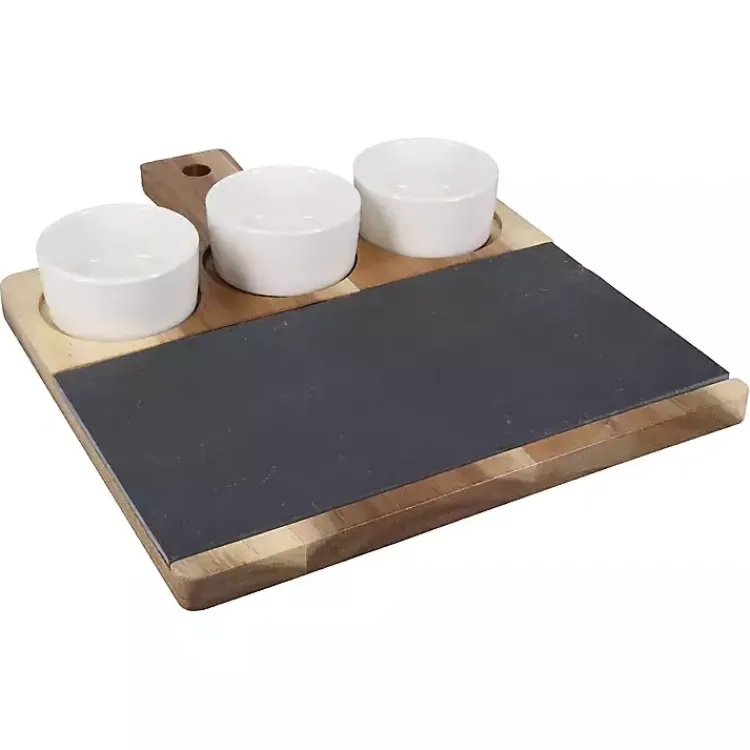 Kirklands Home Serving & Entertaining|3-Bowl Slate and Wood Serving Board