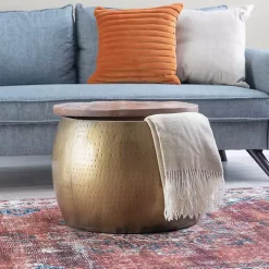 Kirklands Home Coffee Tables|Brass Hammered Drum Storage Coffee Table Brown