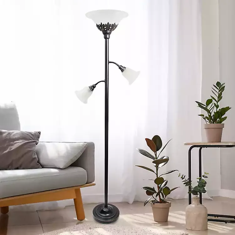 Kirklands Home Floor Lamps|Bronze and White 3-Scallop Glass Floor Lamp Brown