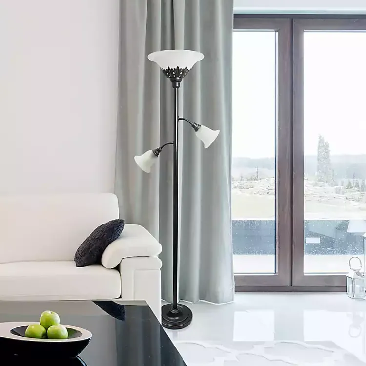 Kirklands Home Floor Lamps|Bronze and White 3-Scallop Glass Floor Lamp Brown