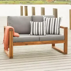 Kirklands Home Outdoor Seating|Brown Acacia Outdoor Loveseat with Cushions Gray
