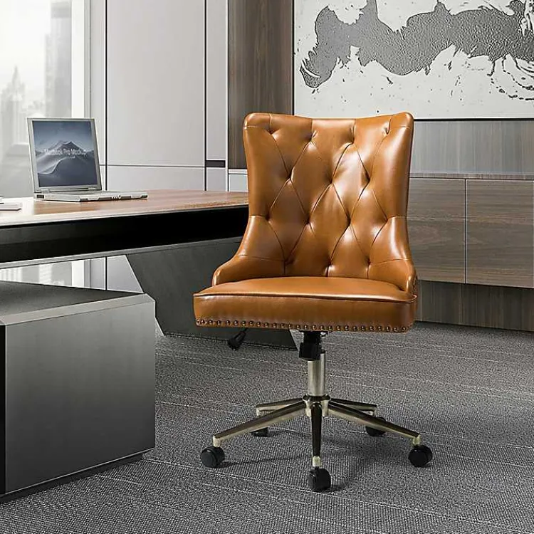 Kirklands Home Office Furniture|Faux Leather Tufted Back Office Chair Brown