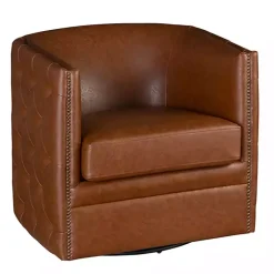 Kirklands Home Accent Chairs|Tufted Faux Leather Barrel Swivel Chair Brown