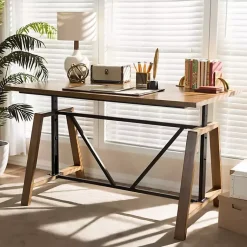 Kirklands Home Office Furniture|Brown Wood and Metal Linear Base Desk