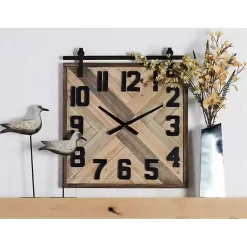 Kirklands Home Clocks|Brown Wood Black Metal Accent Square Wall Clock