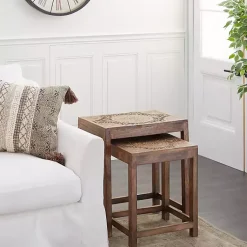 Kirklands Home Accent & End Tables|Wood Carved Floral Nesting Tables, Set of 2 Brown