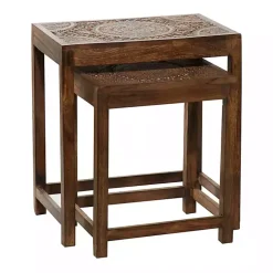 Kirklands Home Accent & End Tables|Wood Carved Floral Nesting Tables, Set of 2 Brown