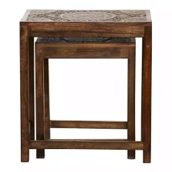 Kirklands Home Accent & End Tables|Wood Carved Floral Nesting Tables, Set of 2 Brown