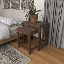 Kirklands Home Accent & End Tables|Wood Carved Floral Nesting Tables, Set of 2 Brown