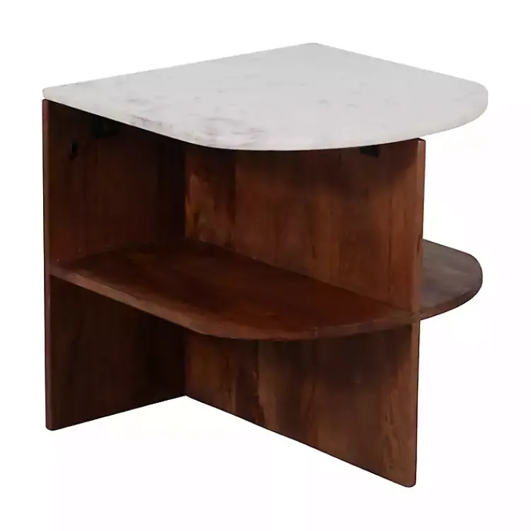 Kirklands Home Accent & End Tables|Brown Wood Half Round Marble Accent Table White