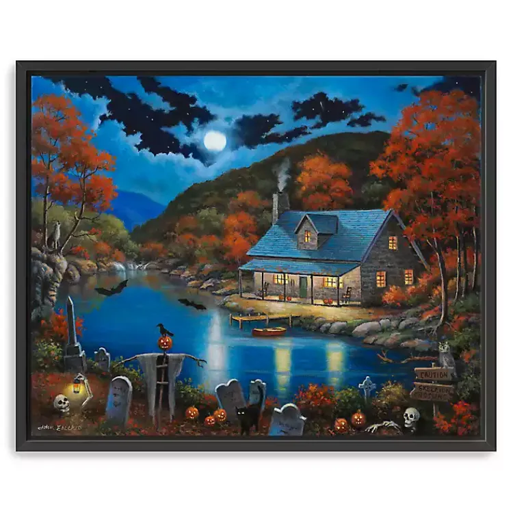 New Cabin On Lake Graveyard Framed Canvas Art Print Halloween