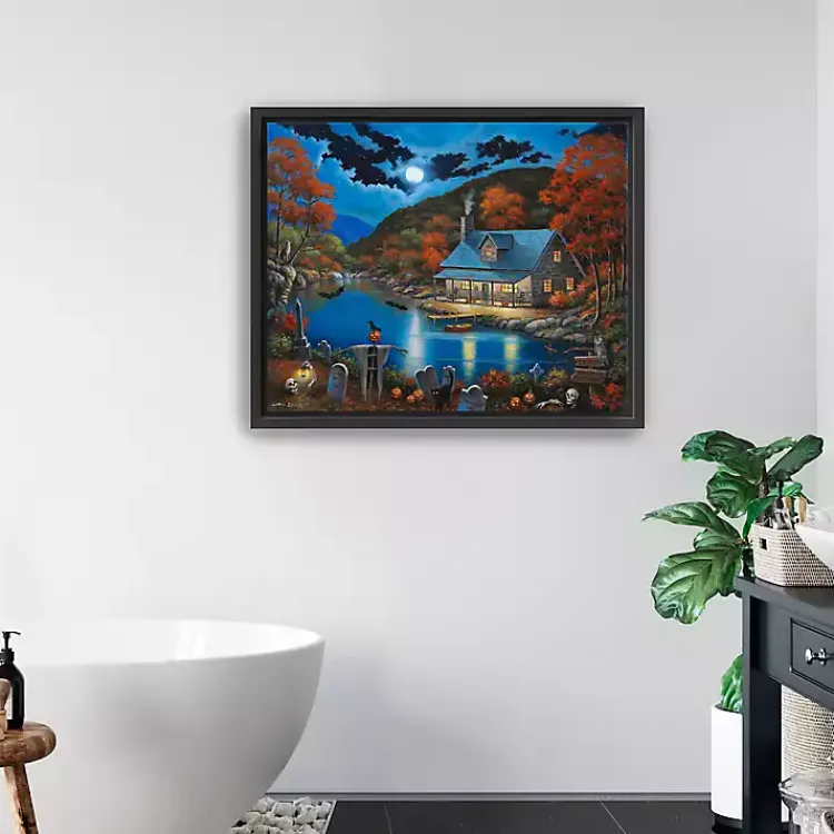 New Cabin On Lake Graveyard Framed Canvas Art Print Halloween