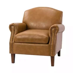 Kirklands Home Accent Chairs|Camel Faux Leather Nailhead Taylor Armchair Tan