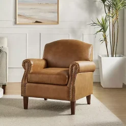 Kirklands Home Accent Chairs|Camel Faux Leather Nailhead Taylor Armchair Tan