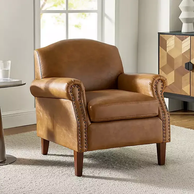 Kirklands Home Accent Chairs|Camel Faux Leather Nailhead Taylor Armchair Tan