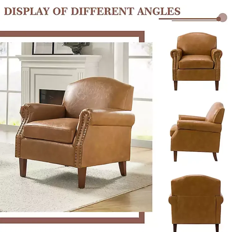 Kirklands Home Accent Chairs|Camel Faux Leather Nailhead Taylor Armchair Tan