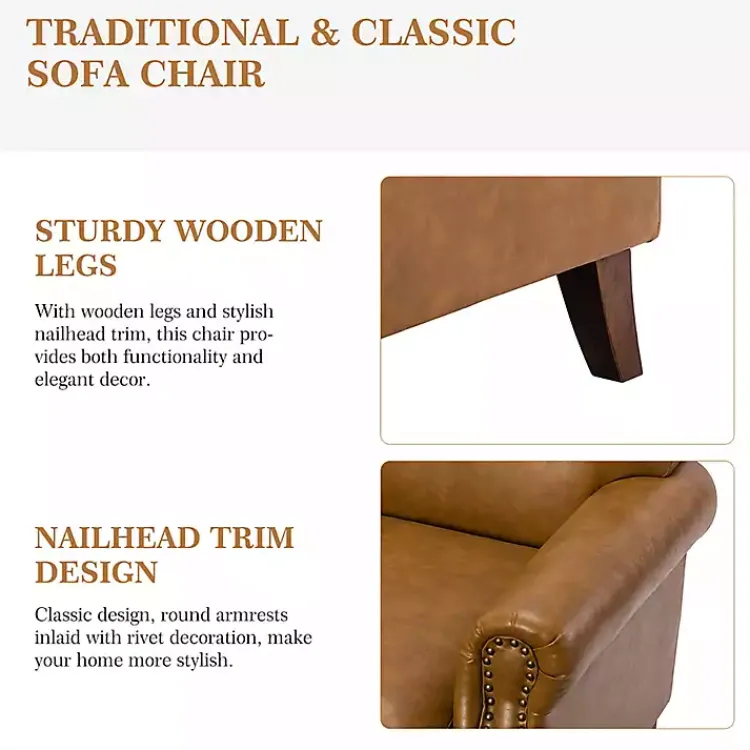 Kirklands Home Accent Chairs|Camel Faux Leather Nailhead Taylor Armchair Tan