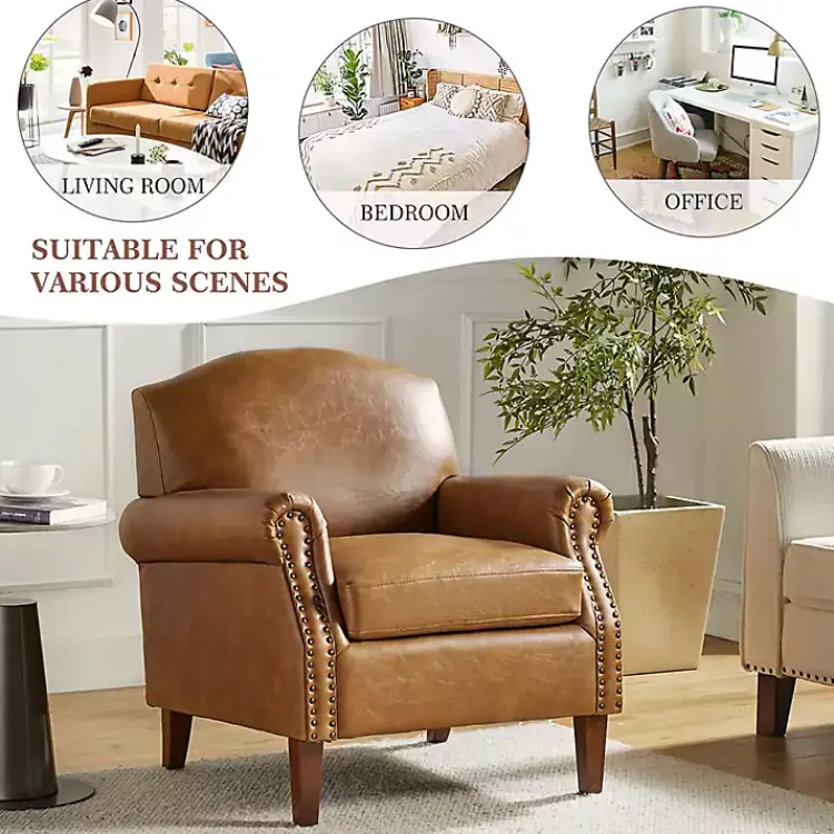 Kirklands Home Accent Chairs|Camel Faux Leather Nailhead Taylor Armchair Tan