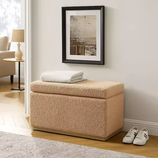 Kirklands Home Benches & Ottomans|Camel Sherpa & Pine Recgle Storage Ottoman Tan
