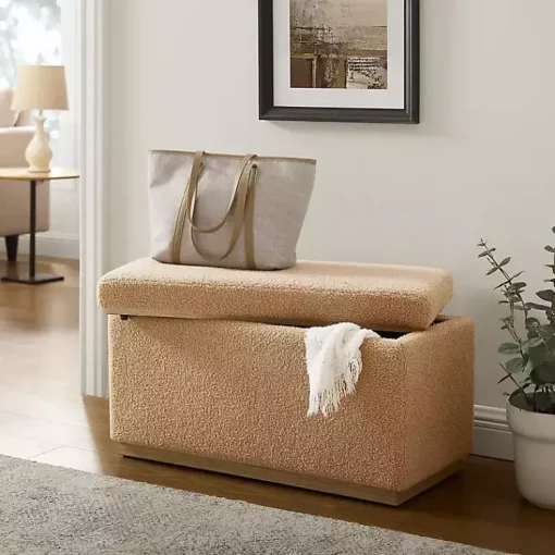 Kirklands Home Benches & Ottomans|Camel Sherpa & Pine Recgle Storage Ottoman Tan