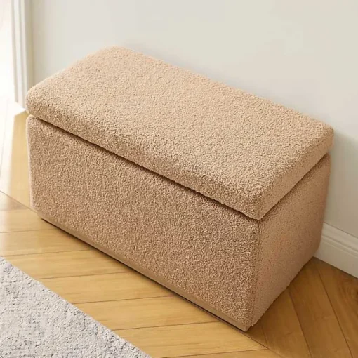 Kirklands Home Benches & Ottomans|Camel Sherpa & Pine Recgle Storage Ottoman Tan