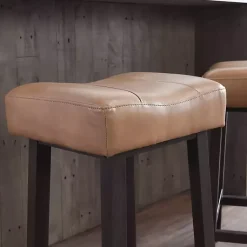 Kirklands Home Bar Stools & Counter Height Stools|Camel Wood and Leather Backless Stool Tan